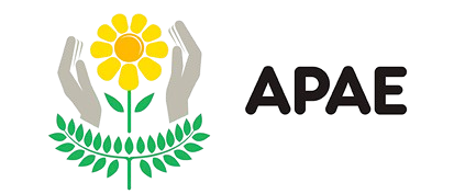 Logotipo da APAE com duas mãos cinzas envolvendo uma flor amarela de pétalas abertas sobre um ramo verde